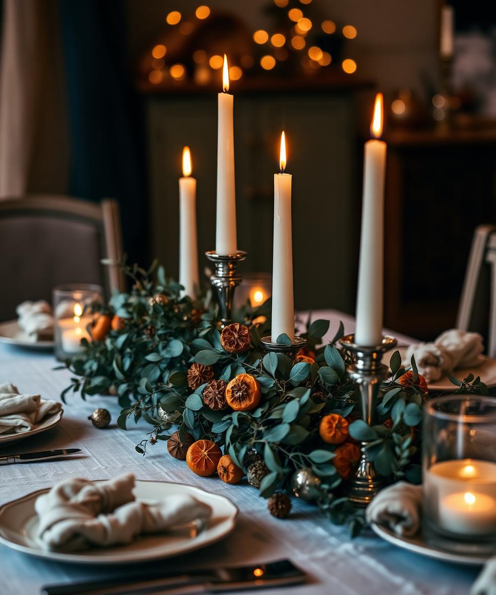 Candlelit centerpiece with eucalyptus and dried orange