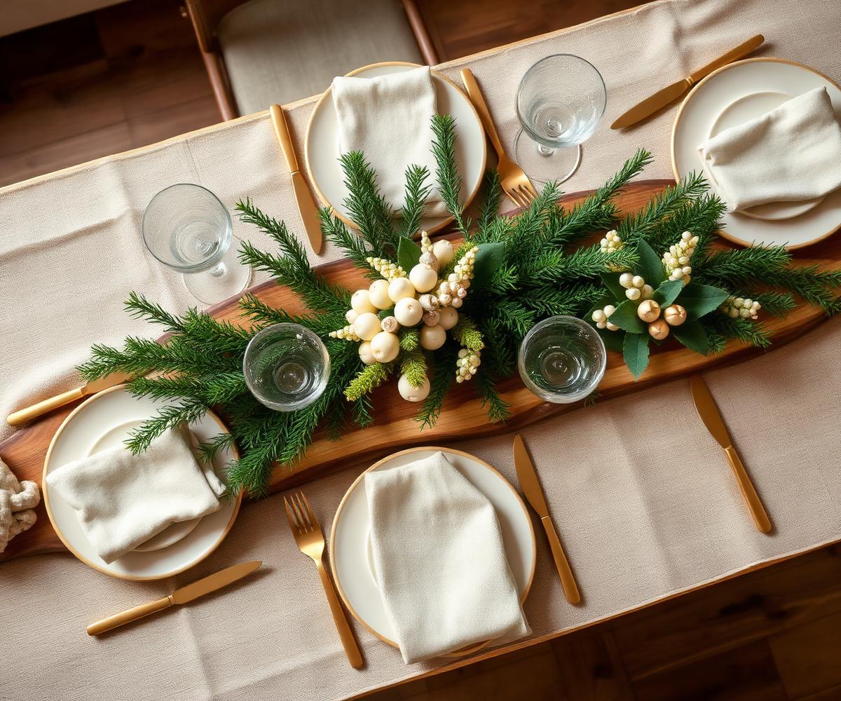 Overhead of a wooden centerpiece with evergreen and gold cutlery