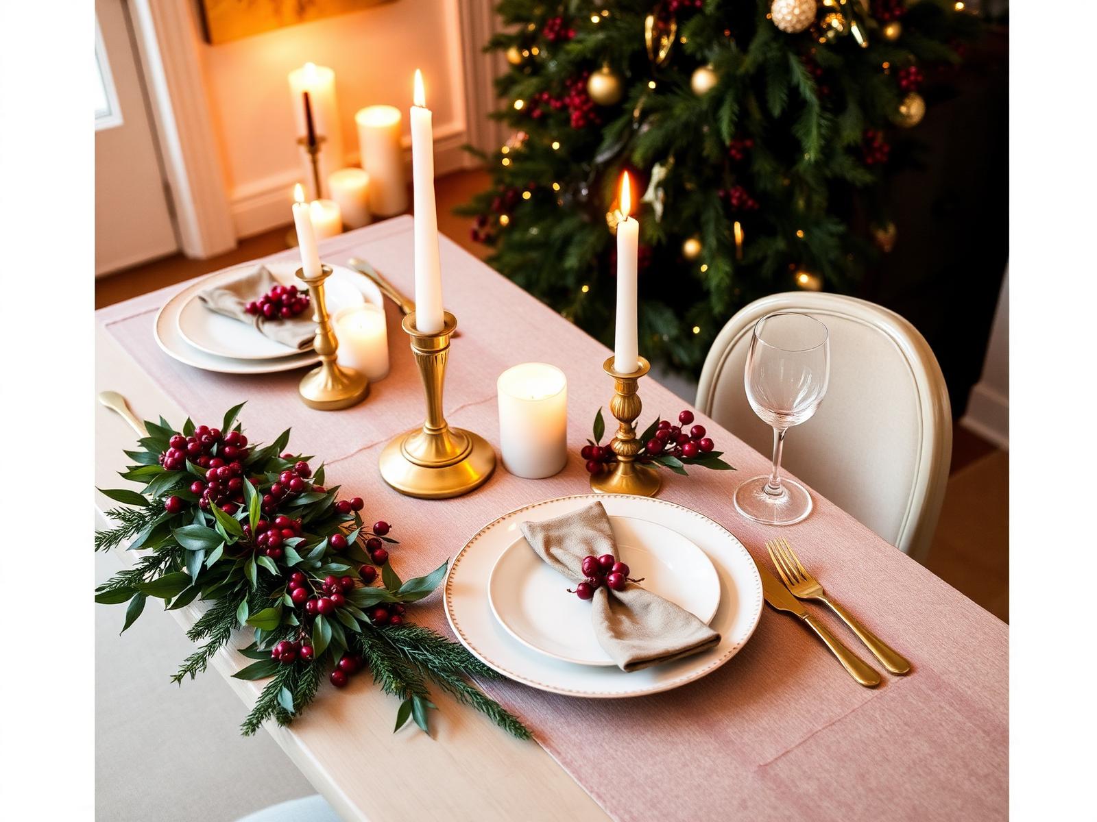 A cozy holiday tablescape lit by candlelight with greenery and burgundy berries